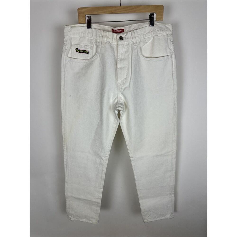 Supreme Jeans Mens White Canvas Denim Straight Leg Streetwear Pants Size 36